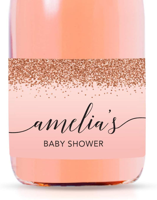 Andaz Press Personalized Mini Champagne Wine Bottle Labels, Amelia's Baby Shower, Blush Pink Faux Rose Gold Glitter Elegant, 20-Pack, Custom Party Favor Gift Label Stickers Baby Shower