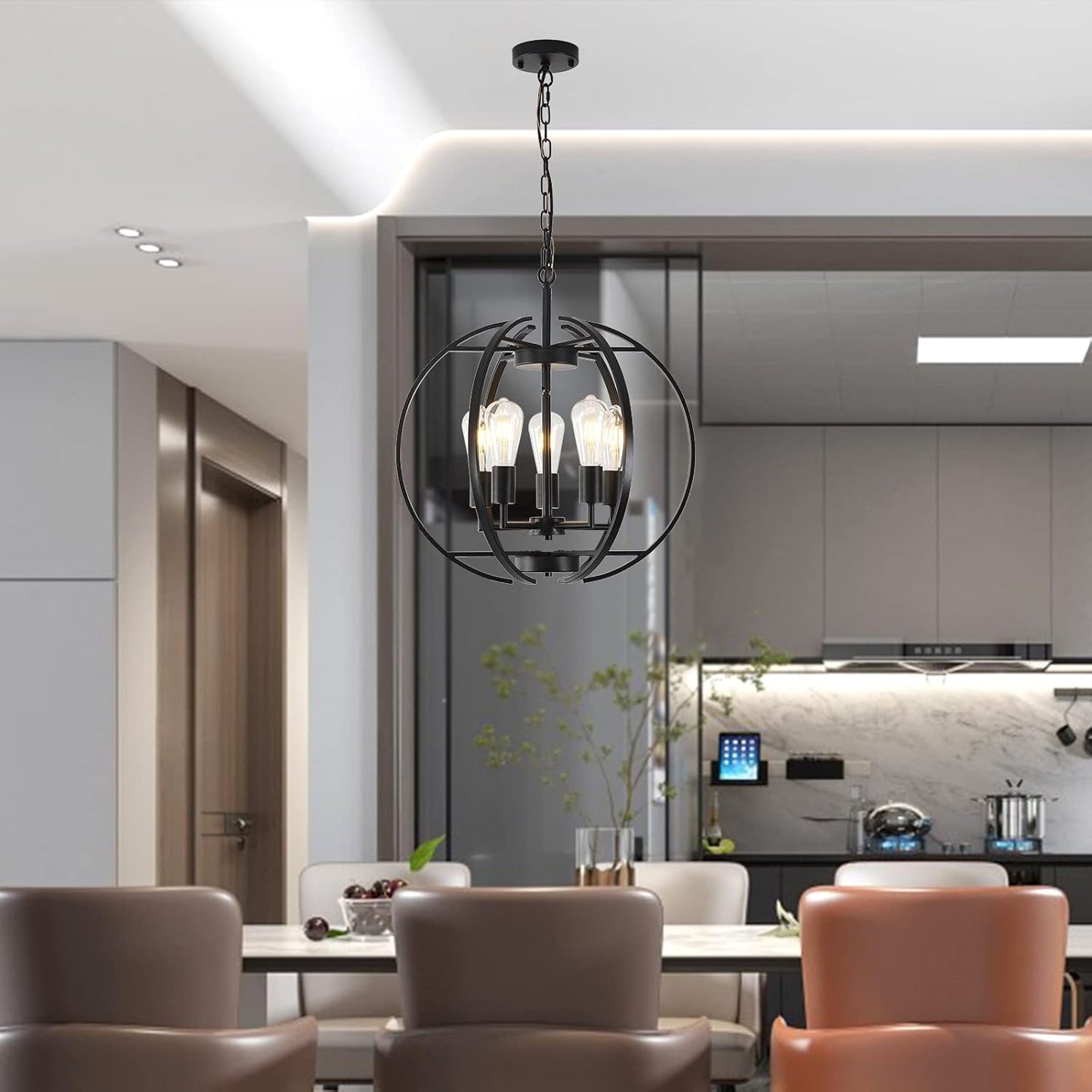 Large Lantern Globe Black Chandelier Lighting, Adjustable Hanging Ceiling Pendant 5 Light for Kitchen, Dining Room, Living Room, Hallway, Bedroom