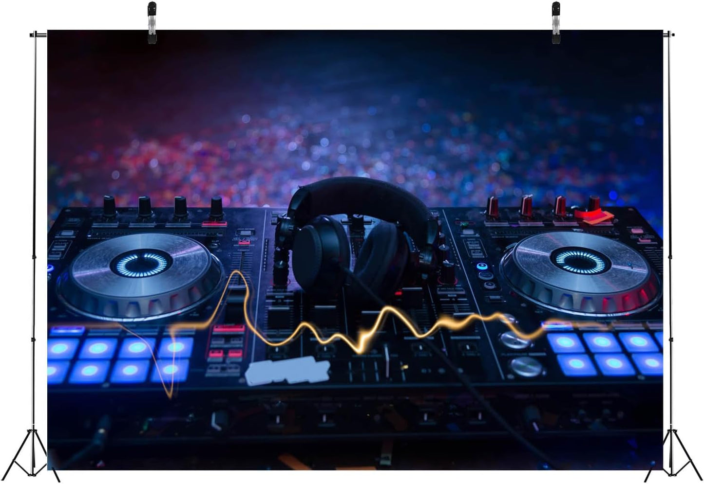 CORFOTO 9x6ft Fabric Dj Mixer with Headphones Backdrop Photography Dj Sound Equipment in Dark Background Musical Dance Disco Party Decorations Live Concert Stage Photoshoot Booth Studio Props