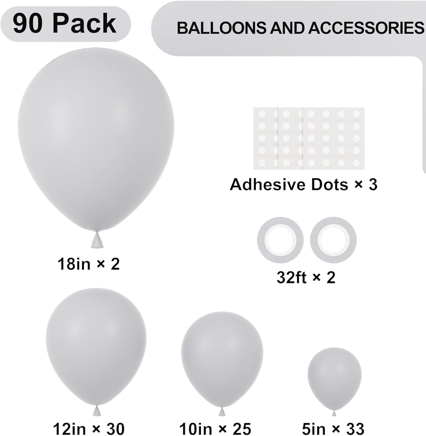 90pack Gray Balloons Different Size 18/12/10/5 Inch Pastel Grey Balloon Garland Arch Kit for Graduation, Wedding, Birthday, Gender Reveal, Baby Shower, Bridal Shower Decorations