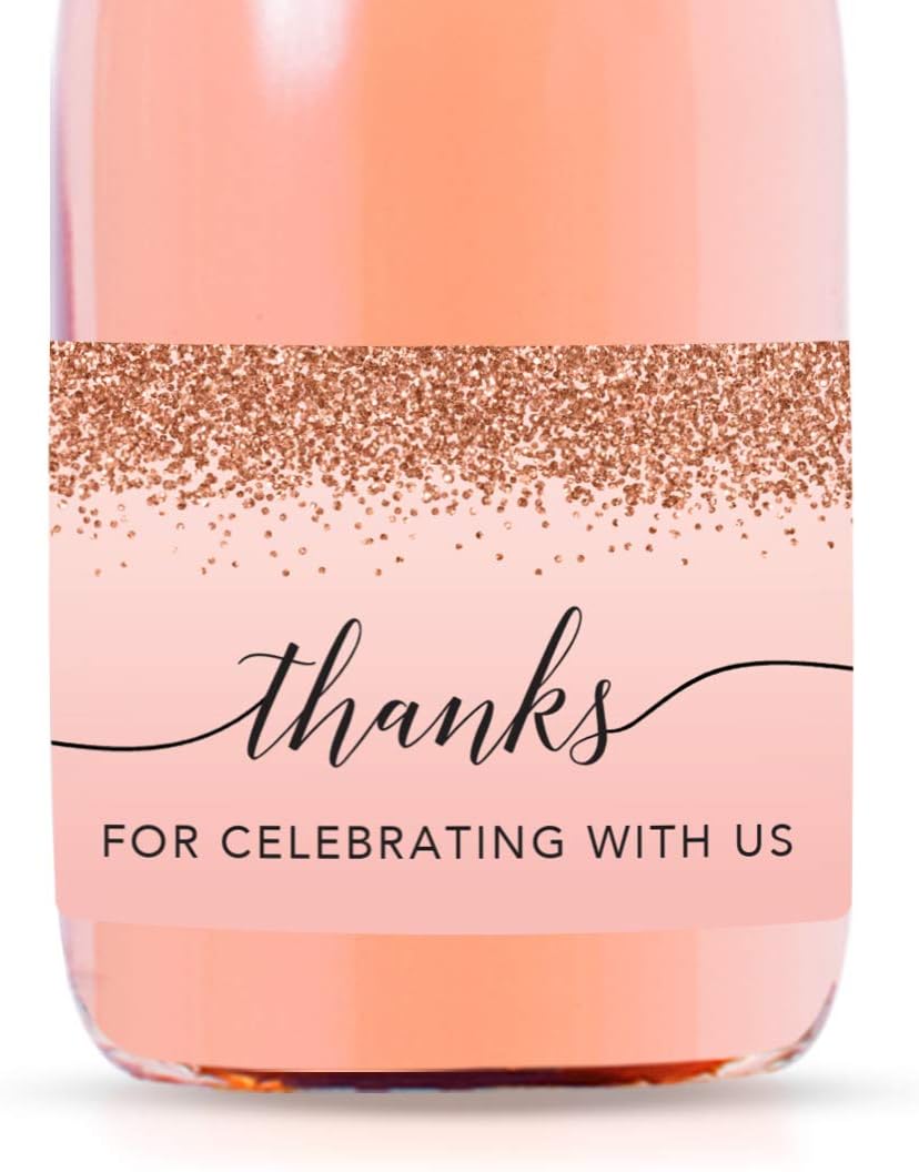 Andaz Press 20-Pack Mini Wine Labels for Bottles, Blush Pink Faux Rose Gold Glitter, Thanks for Celebrating with Us, 3x2 Inch, Glossy, 20 Count