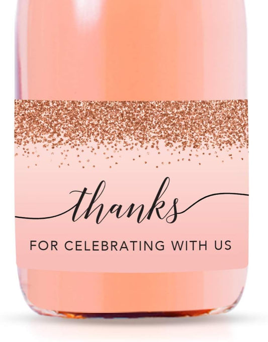Andaz Press 20-Pack Mini Wine Labels for Bottles, Blush Pink Faux Rose Gold Glitter, Thanks for Celebrating with Us, 3x2 Inch, Glossy, 20 Count