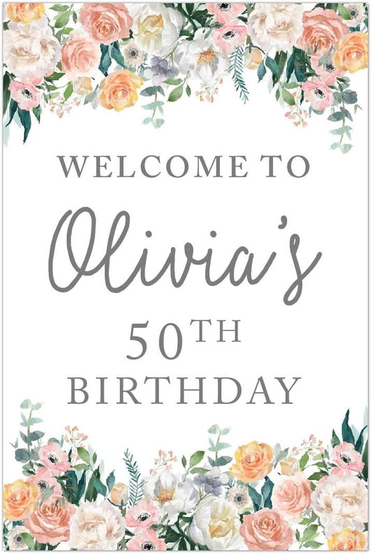 Andaz Press Personalized Extra Large Birthday Easel Board Party Sign, 12x18-inch, Peach Coral Floral Flowers Roses on White, Welcome to Olivia's 50th Birthday, 1-Pack, Custom Name Age