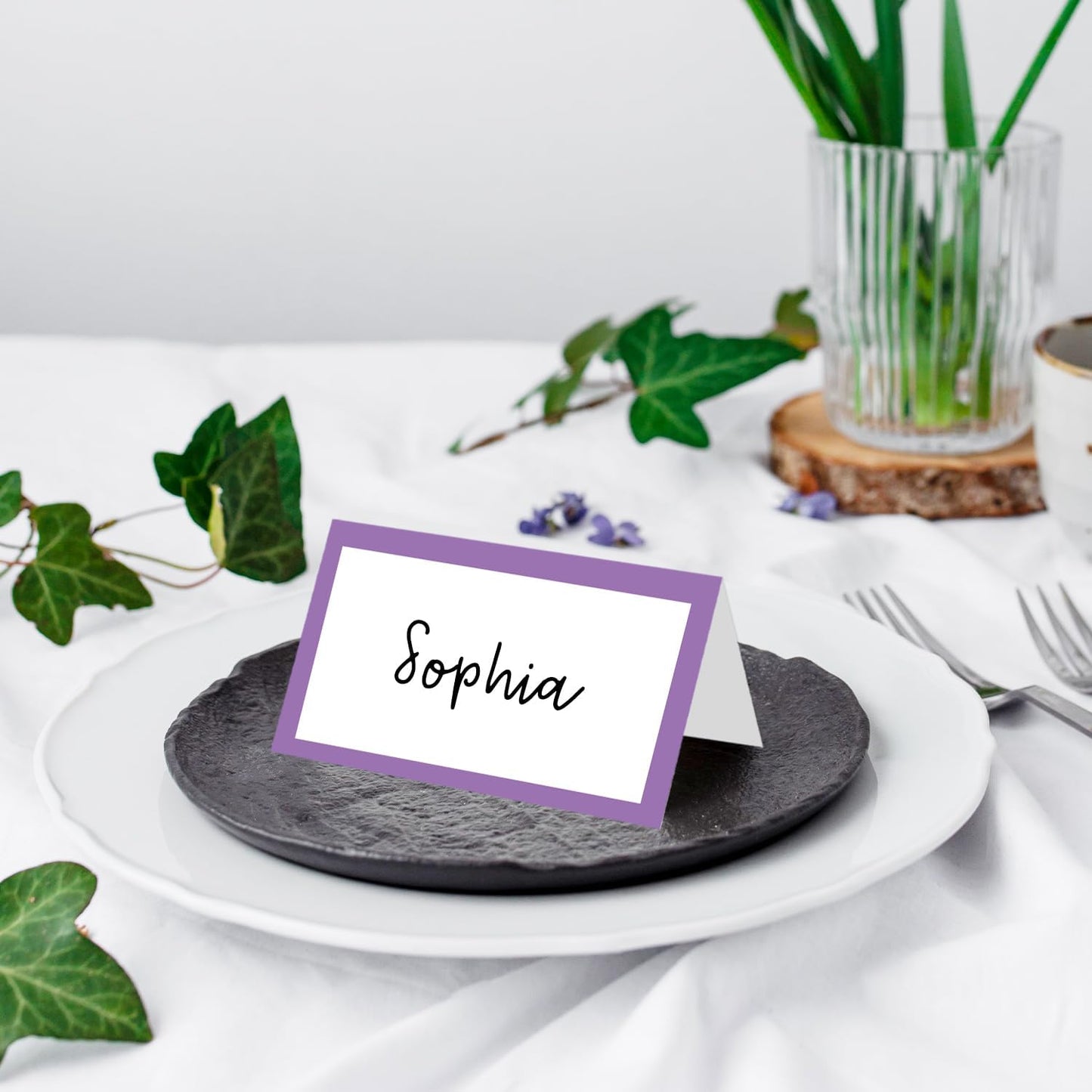 25 Pack Purple Border Place Cards, Editable Name Cards for Table Setting, Tent Cards Food Label for Dinner Party, Bridal Shower, Wedding, Baby Shower and Events -T24
