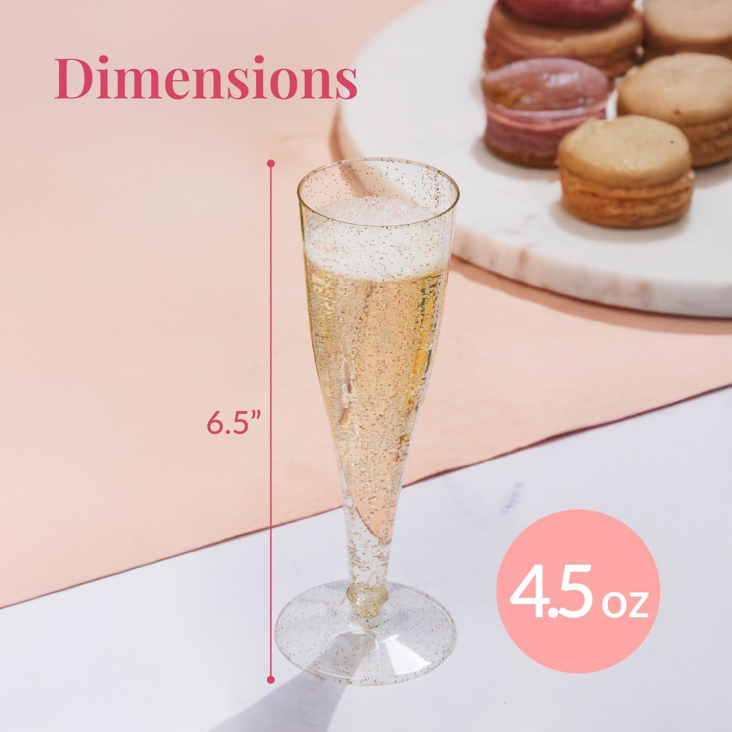 Prestee 200 Disposable Champagne Flutes Gold Glitter Glasses - 4.5 Oz Plastic Champagne Cups for Parties, Wedding Toasts, Mimosa Bar, and New Year’s Eve - Elegant Bulk Gold Plastic Wine Flutes