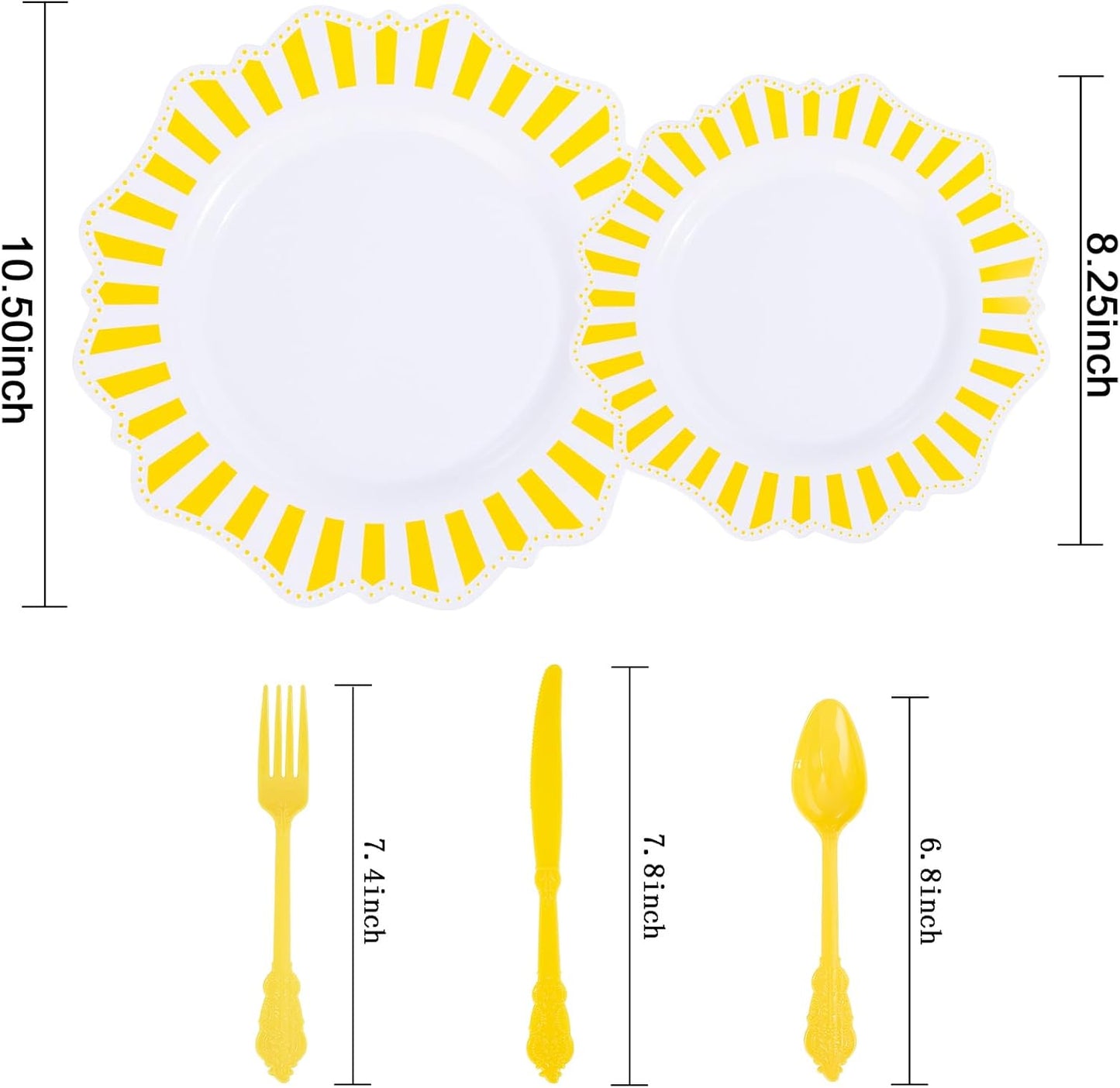 COLOSUS 150pcs Disposable White Lemon Yellow Striped Plastic Party Plates and Silverware set, Yellow Dinner/Dessert Plates silverware 30guests for Easter Birthday Weeding Party and Daily use.
