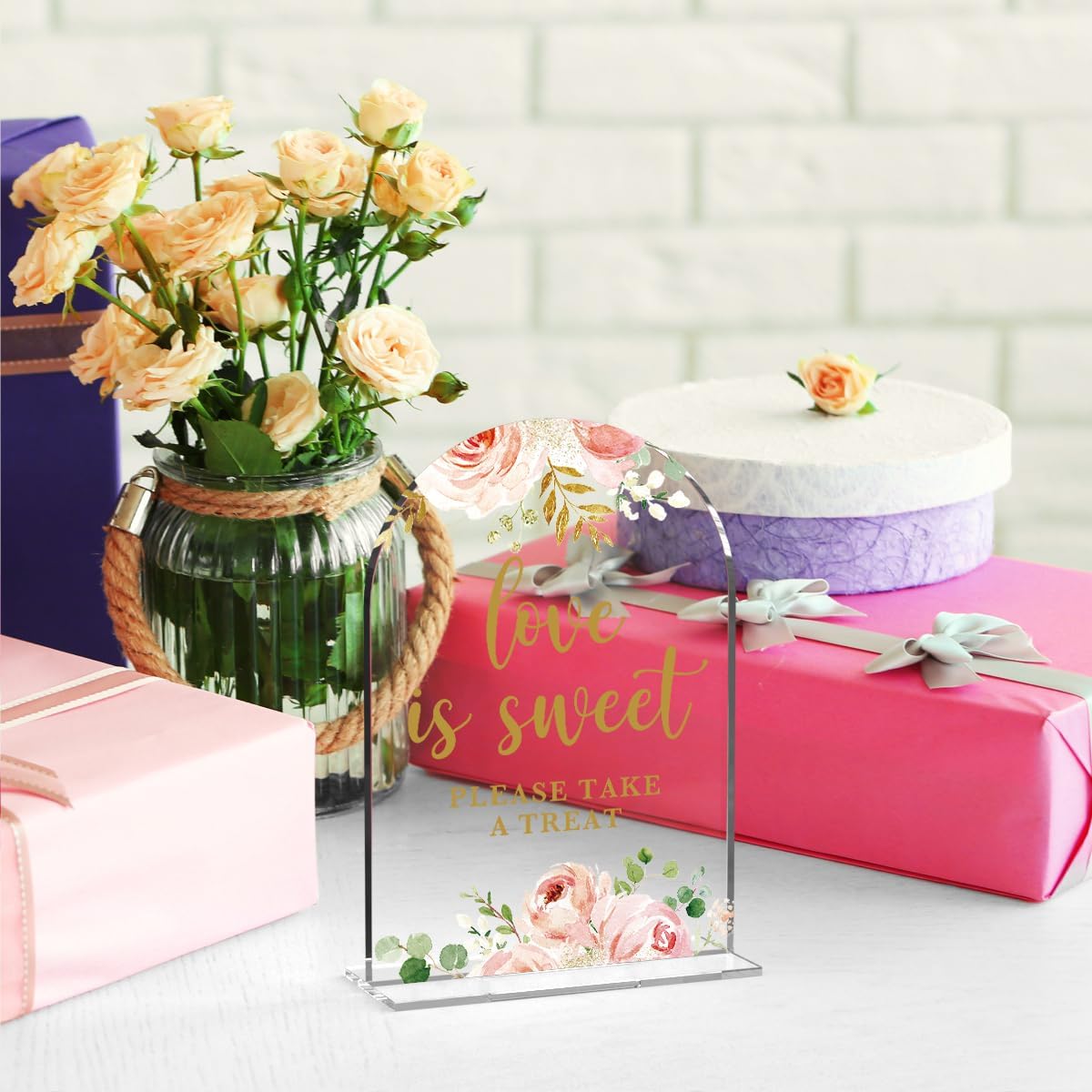 Acrylic Wedding Signs, Bridal Shower Decorations, Love is Sweet Signs for Reception, Modern Calligraphy Arch Acrylic Table Top Sign for Wedding Reception and Engagement Parties (Clear Pink Flowers)