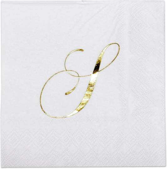 Gift Boutique 100 Gold Monogram Cocktail Napkins Letter S Disposable Paper Pack Elegant Metallic Golden Foil Hand Napkin for Powder Room Wedding Holiday Birthday Party Baby Shower Decorative Towels