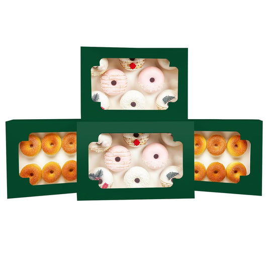 qiqee Auto-pop up Deep Green Cookie Box with Window 12x8x2.5 inch 32 Packs Two Uses One Second Folding Pastry Biscuit Bakery Box for Packaging