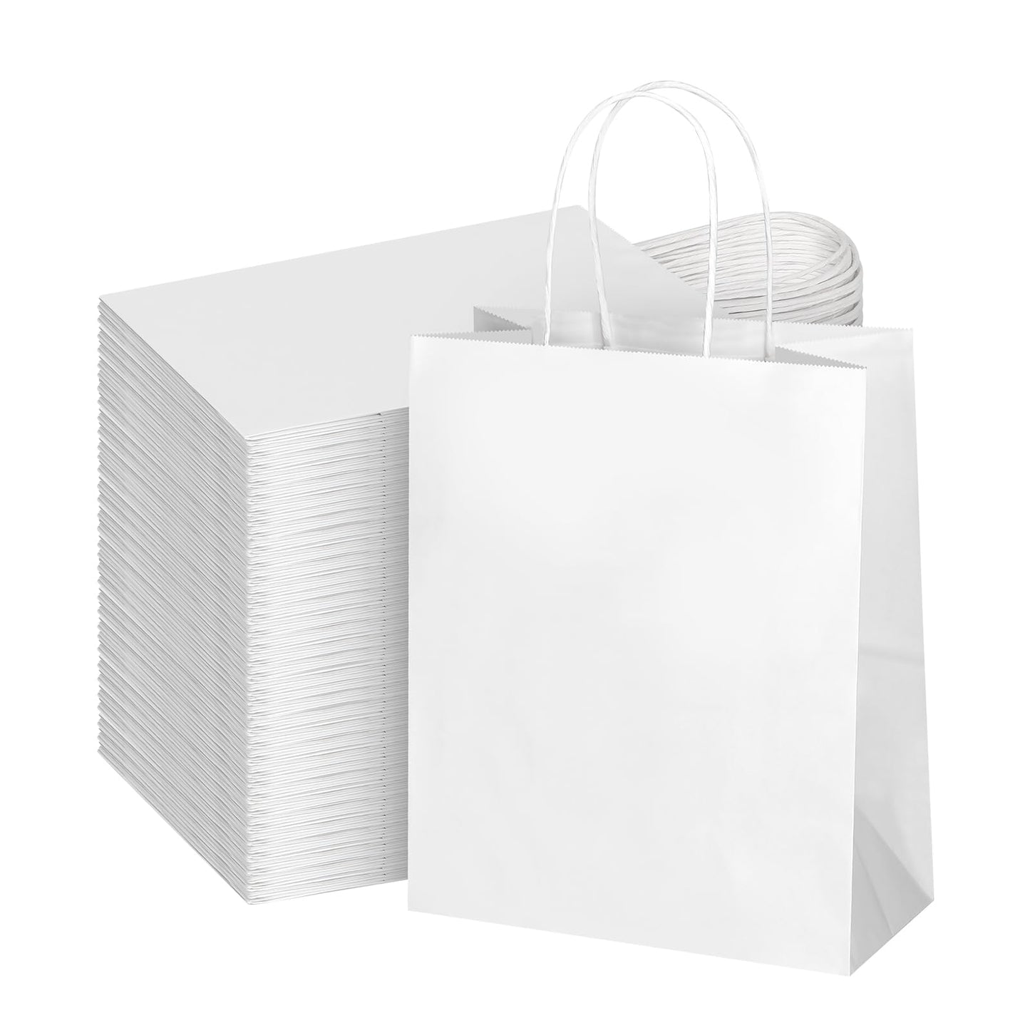 bagmad 100Pcs Pack 8x4.75x10 inch Medium White Kraft Paper Bags with Handles Bulk, Gift Bags, Craft