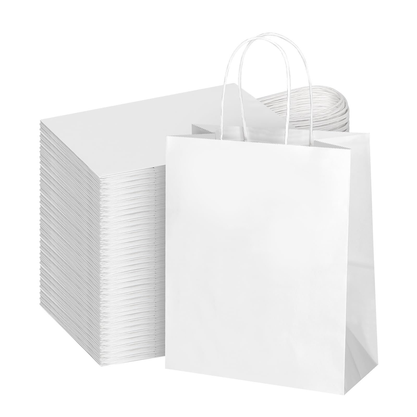 bagmad 100Pcs Pack 8x4.75x10 inch Medium White Kraft Paper Bags with Handles Bulk, Gift Bags, Craft