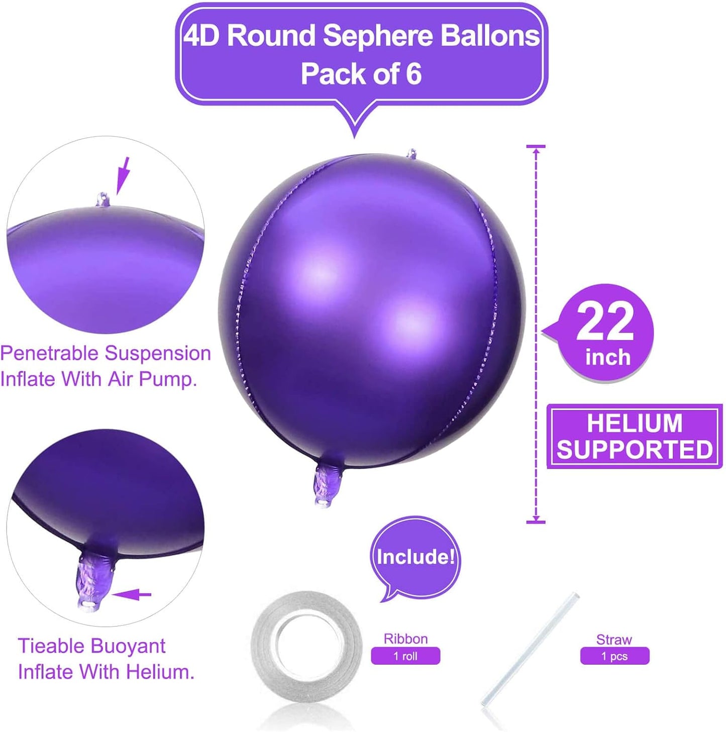 6 Pack 22 Inch 4D Purple Balloons Big Round Foil Balloons Purple Metallic Balloons for Wedding Birthday Bridal Shower Baby Shower Decorations Party Supplies