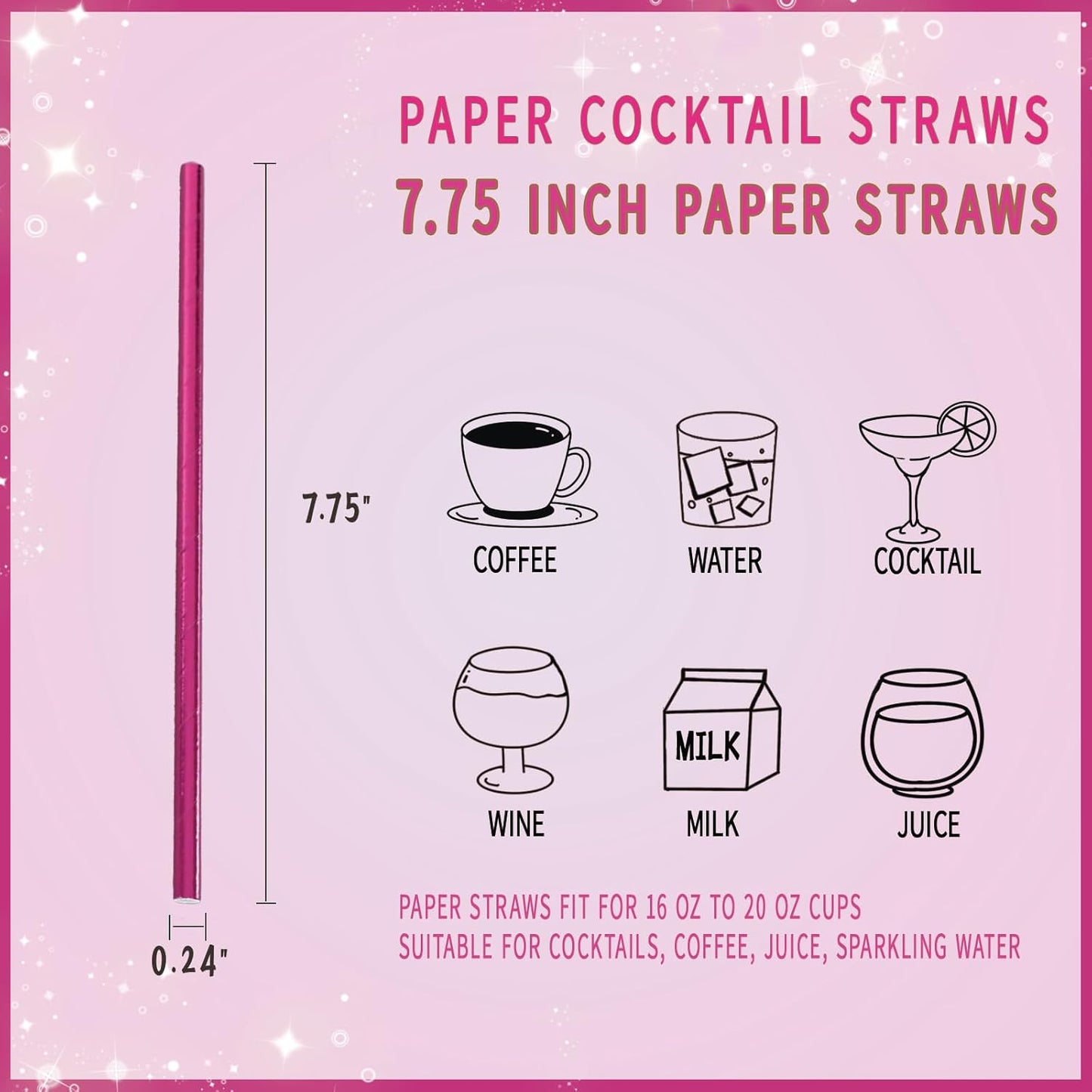 Paper Straws Party,Disposable Drinking Straws, 7.75 Inches, for Birthday, Bridal Party, Wedding, Shiny Rose Pink