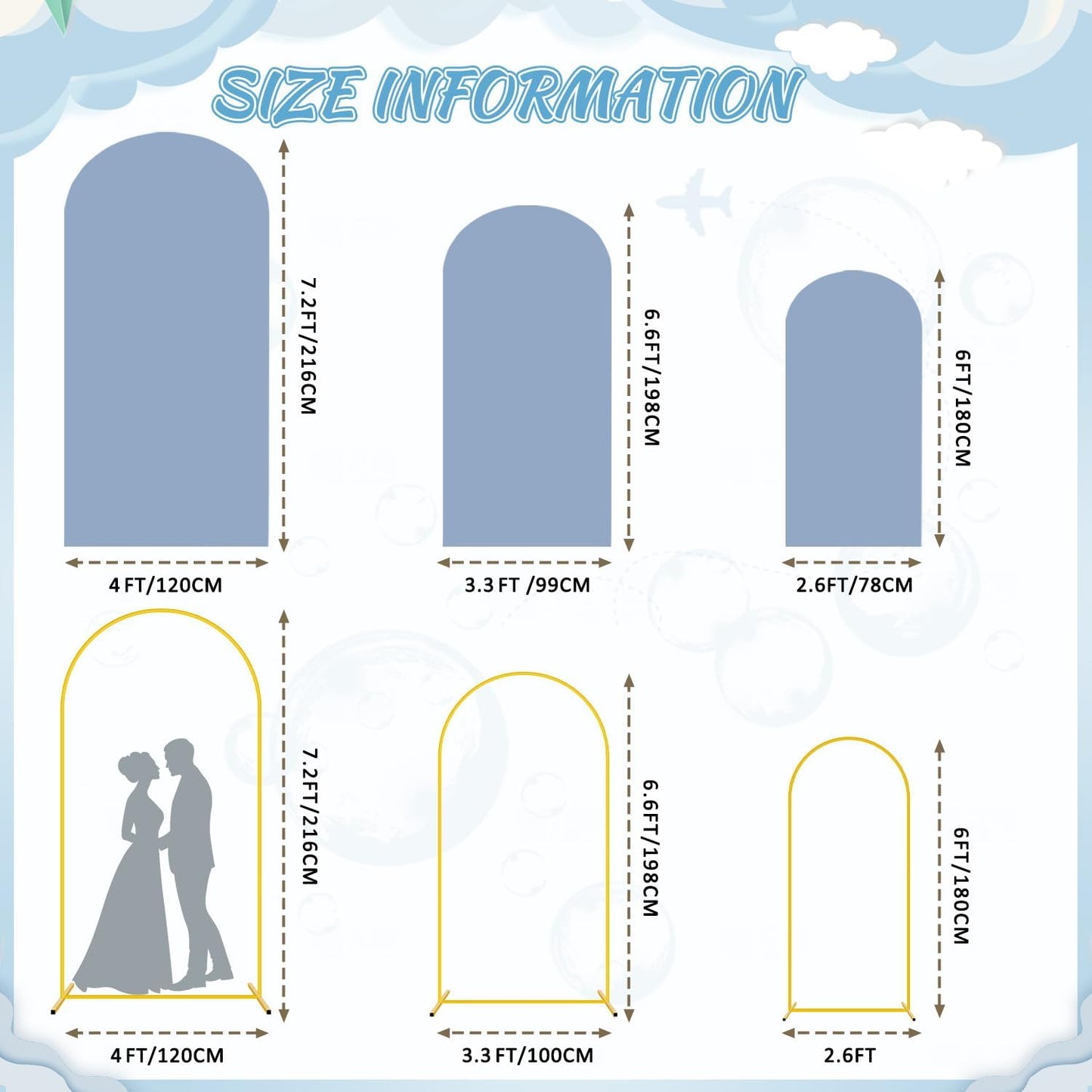 FOTSHARER Metal Arch Backdrop Stand and Cover Set 7.2FT 6.6FT 6FT Backdrop Arch Stand with Dusty Blue Wedding Arched Cover Set of 3 Background Arch Stand for Baby Shower Bridal Shower Event Decor