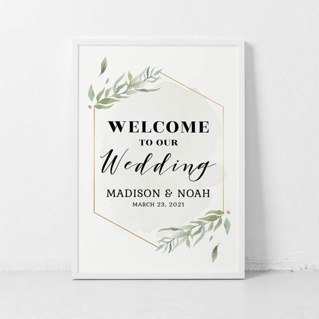 Andaz Press Personalized Extra Large Wedding Easel Board Party Sign, 12x18-inch, Modern Black, Gold with Green Leaves Florals, Welcome to Our Wedding Bride Groom Name Date, 1-Pack, Custom