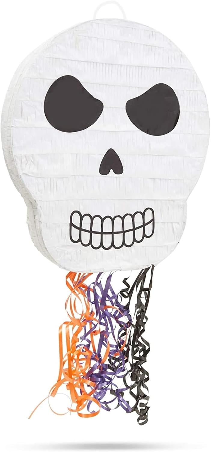 Skull Pinata Pull-String - 13 x 15 x 3 in, Multicolor Paper, Skeleton Style - Halloween Skeleton Pinata, Halloween Decorations, Day of the Dead Decorations & Party Supplies