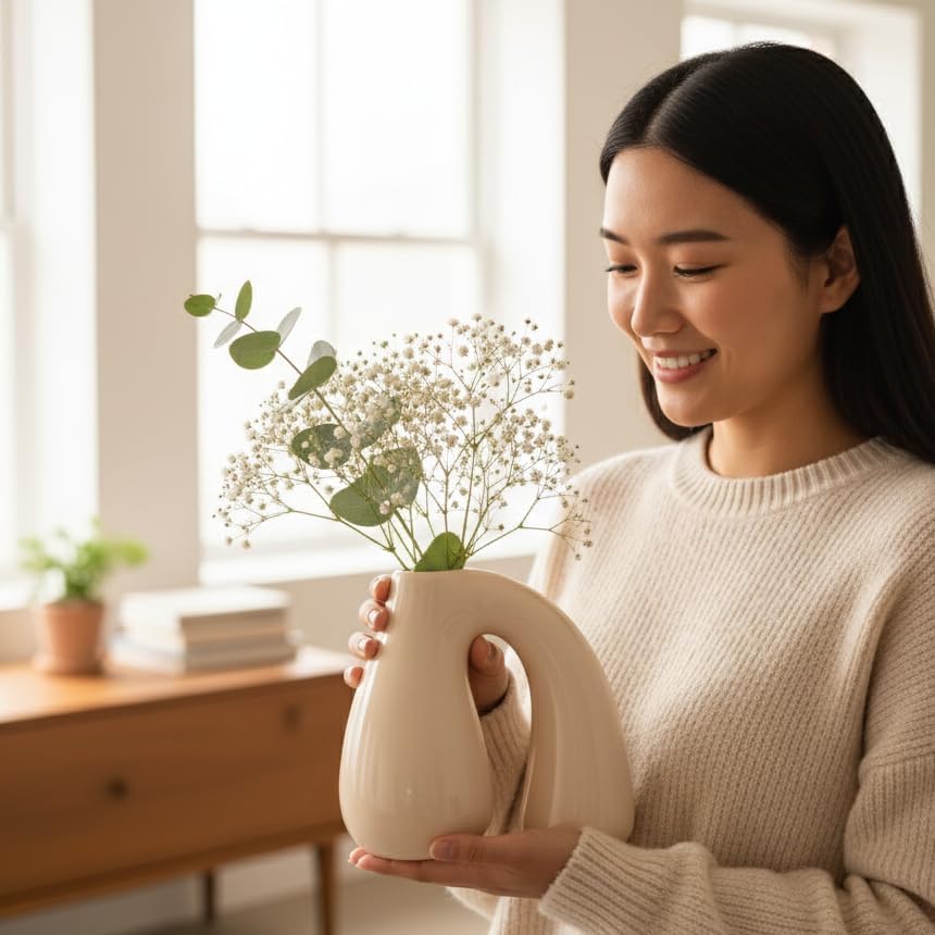 White (Ivory) Ceramic Vase – Glossy Modern Sculptural Décor, Arch Handle Artistic Design, Premium Minimalist Accent for Table, Shelf, or Entryway (7.5 in, Holds Water)