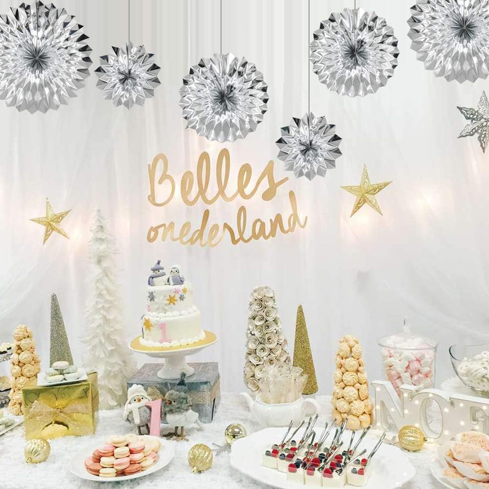 Hanging Paper Fans Party Set, Silver Round Pattern Paper Garlands Decoration for Birthday Baby Shower Graduation Retirement, Set of 6