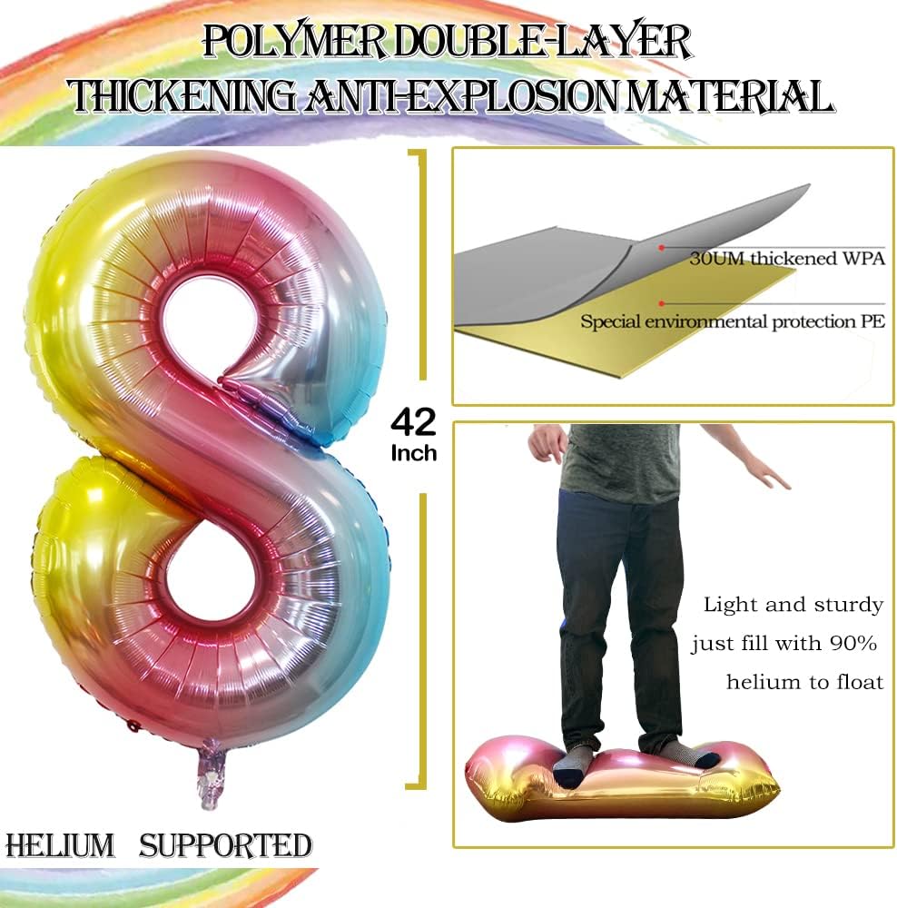GOER Rainbow Foil Balloons Number 8,Huge Number Balloons for 8th 18th 28th 38th 48th Birthday Party Supplies Anniversary Decorations (3 pcs,42 inch,32 inch,16inch)