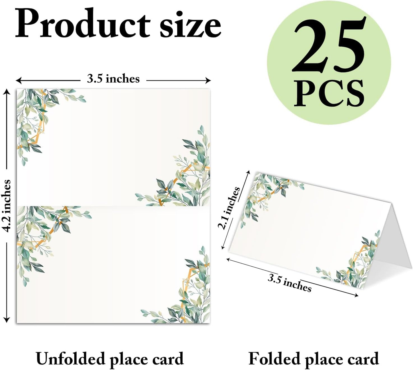 25 Pack Greenery Place Cards, Editable Name Cards for Table Setting, Tent Cards Food Label for Dinner Party, Bridal Shower, Wedding, Baby Shower and Events -T08