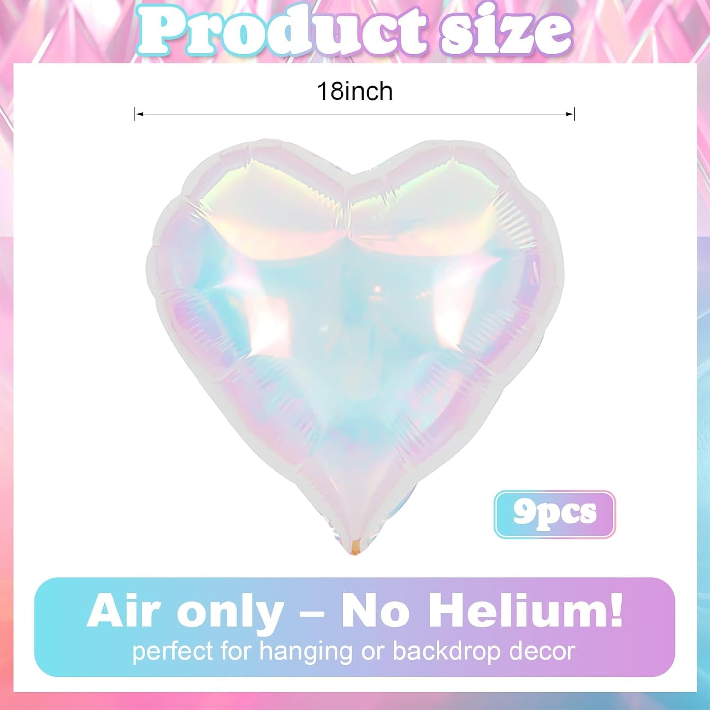 Iridescent Heart Balloons, 18 Inch Iridescent Holographic Heart Shape Balloon, 9PCS Clear Heart Balloon for Birthday Baby Shower Mermaid Rainbow Wedding Party Decorations