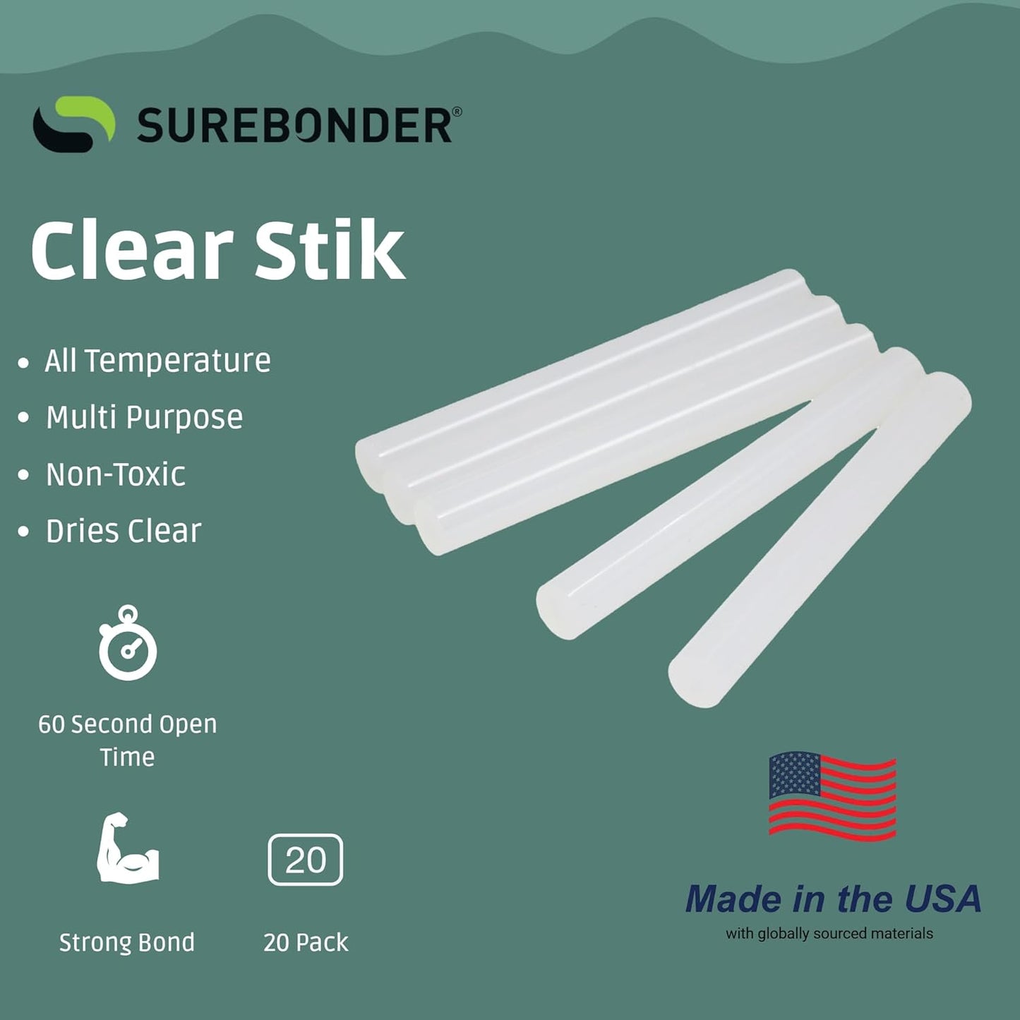 Surebonder Full-Size Hot Glue Sticks for Craft, DIY, and Repairs, All Purpose, All Temperature - 4-Inch Length - 20 Pack, Clear