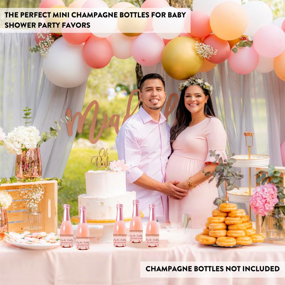 Andaz Press Mini Champagne Wine Bottle Baby Shower Labels, Pop The Bubbly! She's About to Pop!, Blush Pink Faux Rose Gold Glitter, 20-Pack Mini Champagne Bottles Baby Shower Champagne Bottle Stickers