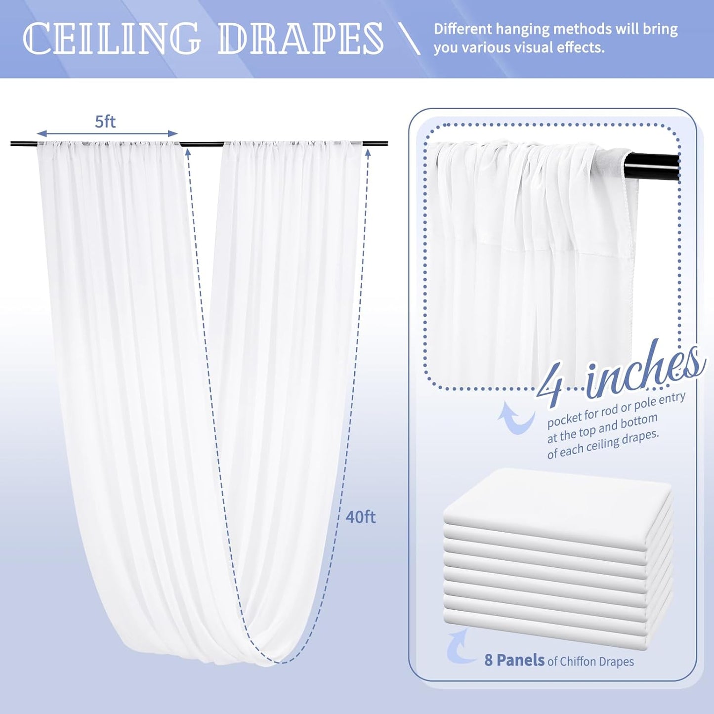 8 Panels White Ceiling Drapes for Wedding 5ftx40ft Sheer Drapery Chiffon Fabric Arch Draping Curtains for Party Ceremony Birthday Baby Shower Reception Stage Ceiling Decorations