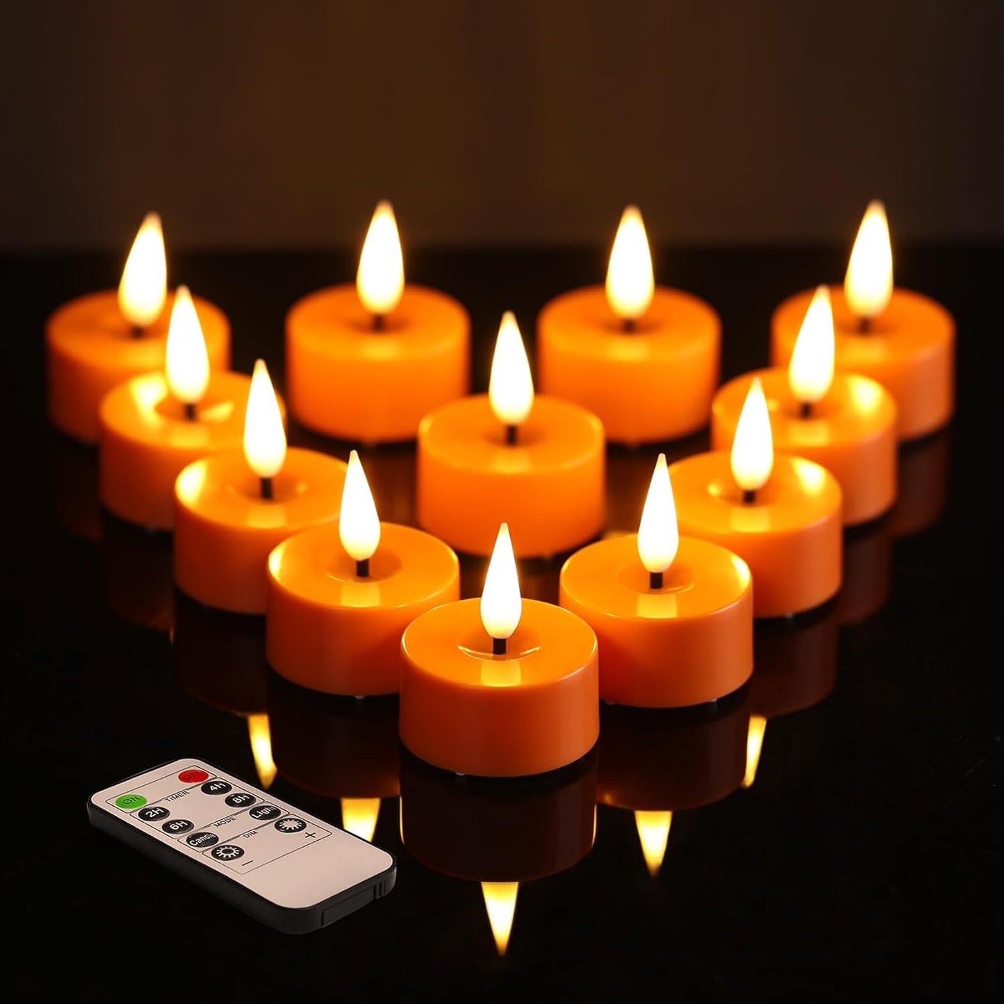 Eywamage Orange LED Tealights with Remote Batteries, Flickering Fall Halloween Flameless Tea Lights Votive Candles Set of 12