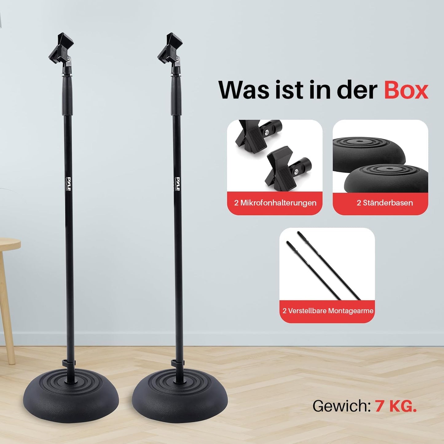 Pyle Universal Microphone Stand - Handheld Mic Compatible, Heavy Compact Base, Lightweight & Compact Design, 2.8 to 5 Ft Height Adjustable Clamp, Pivot Angle Clip, Home/Studio Use (Pair)