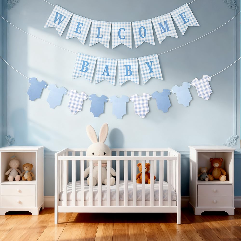 Baby Boy Baby Shower Banner, 2 PCS Pre-strung Blue Gingham Welcome Baby and Body Cloth Banner for