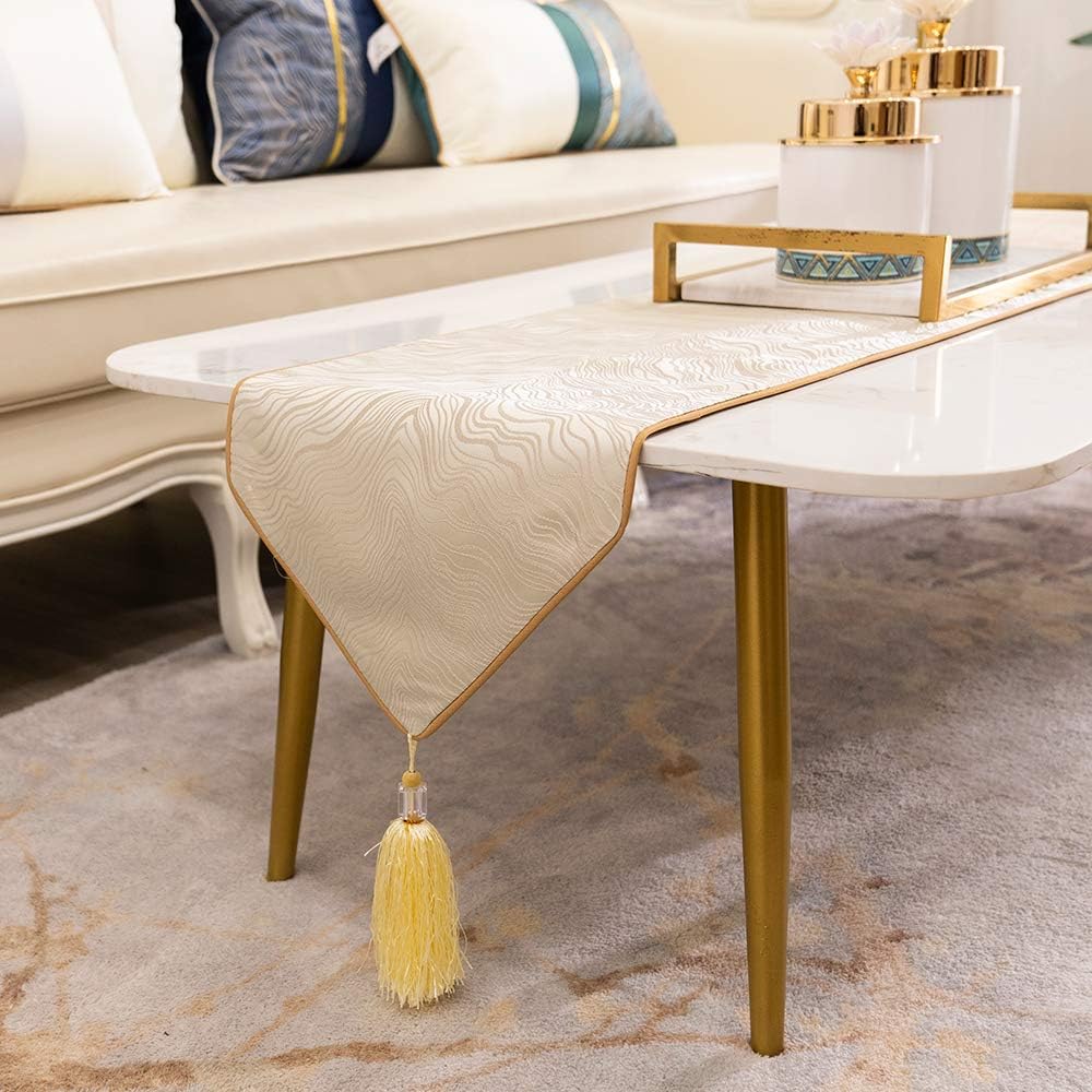 Avigers 12 x 72 Inch Decorative Luxury Abstract Striped Beige Table Runners with Tassels for Home Living Room Bedroom Art Decor Wedding