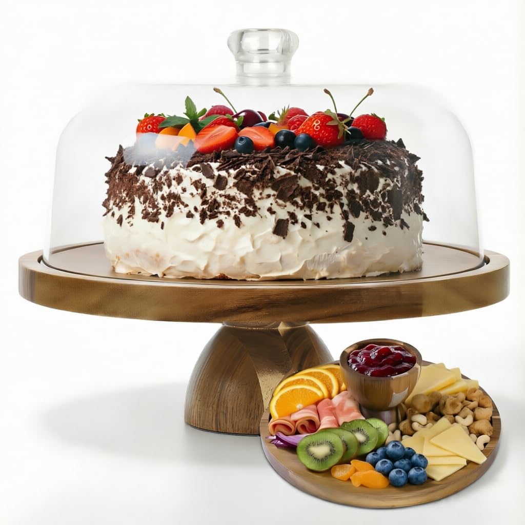 JOCHER Acacia Wood Cake Stand with Lid, 12in Cake Stand with Acrylic Dome (Not Glass), 2-In-1 Cake