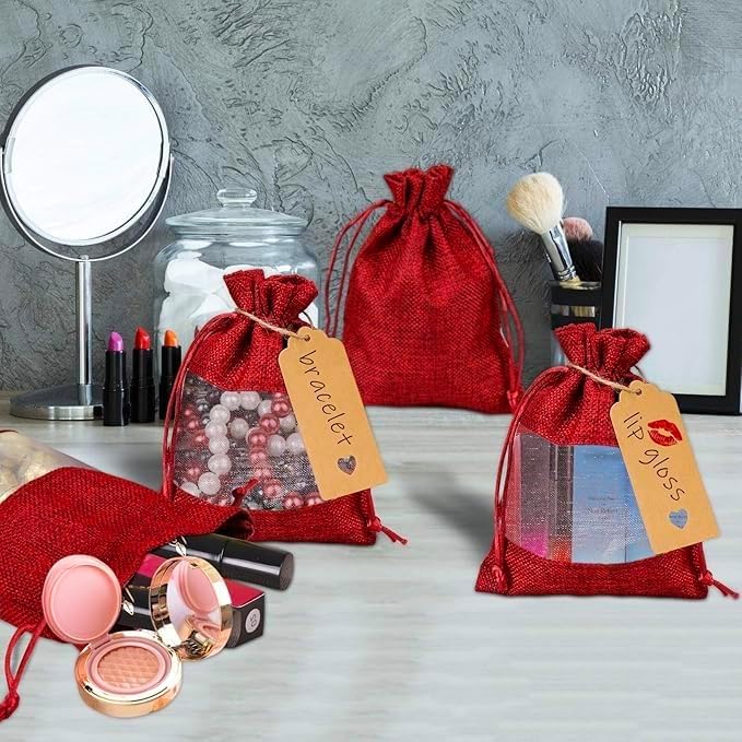 GIOIPC 50Pcs 4 x 6 Inch Linen Burlap Sheer Bags with Drawstring and Bonus Gift Tags for Wedding Birthday Bag,Craft Bags,Cosmetic Samples