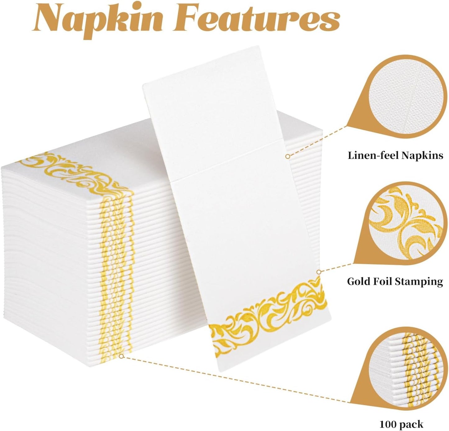KAMMAK White Dinner Paper Napkins with Pocket Disposable 100 Pack Yellow Trim Linen Feel Wedding Reception Napkins Hand Paper Towels Folded Lunch Napkins for Party, Bathroom (16 x 16 inch)