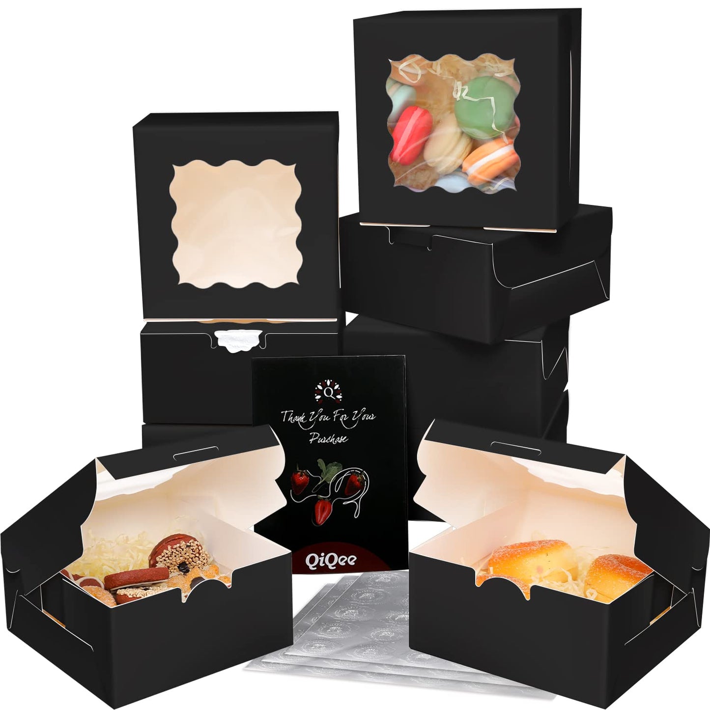 Bakepacker Black Bakery Boxes with Window 6x6x3 inches Thick & Sturdy Macaroon Pastry Boxes Cookie Boxes for Bakerys（60-Packs）