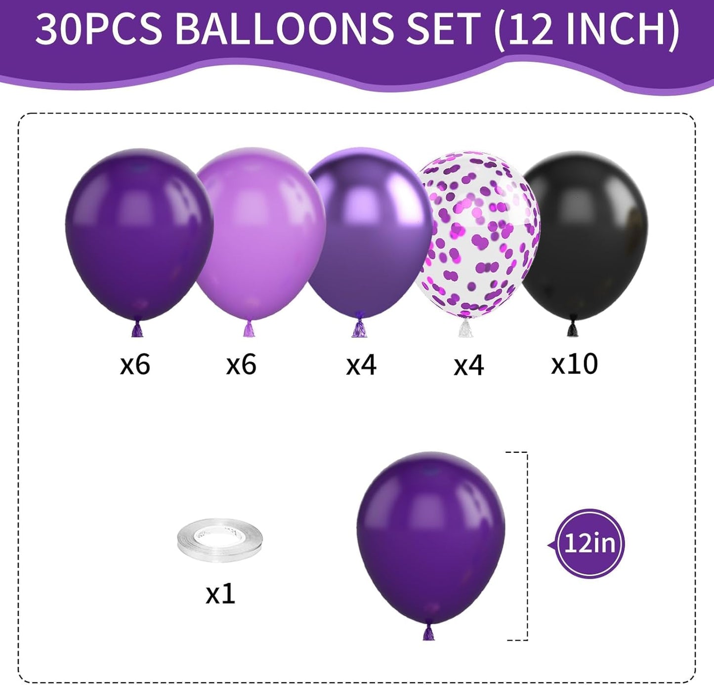 Purple and Black Balloons, 12 Inch Metallic Purple Dark Purple Black Balloons with Purple Confetti Latex Balloons for Halloween Birthday Wedding Graduations Balloons Party Decorations