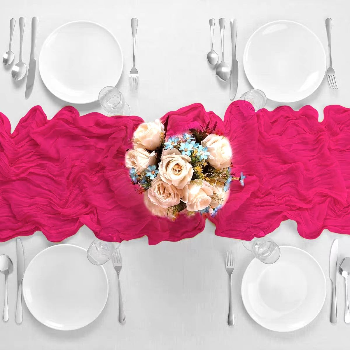 8 Pack Hot Pink 10 Ft Cheesecloth Table Runner 35x120 Inch Boho Wrinkled Sheer Romantic Gauze Decor for Wedding, Bridal Shower, Birthday Party