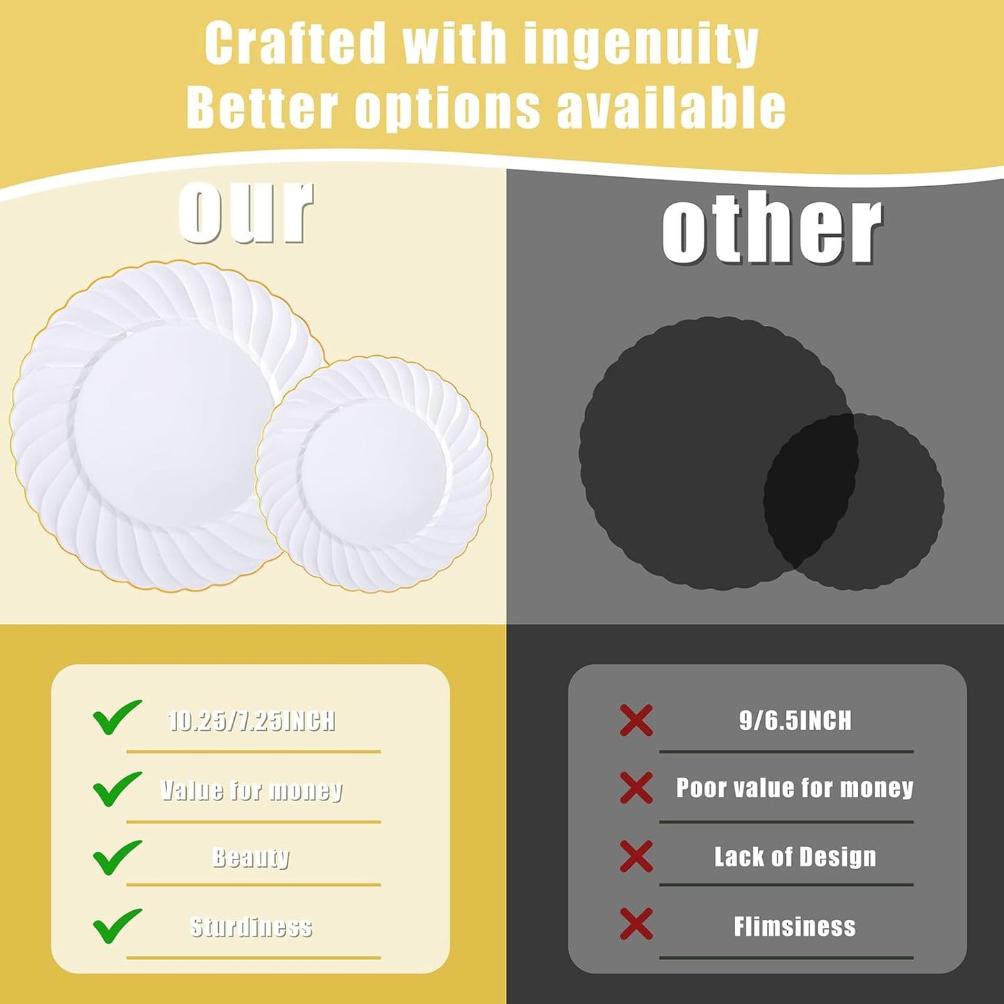 U-QE 60 Pcs White Plastic Plates with Gold Trim – Scalloped Plastic Plates Heavy Duty - Include 30 10.25" Dinner & 30 7.25" Dessert Plate – Perfect for Weddings, Bridal Showers and Party