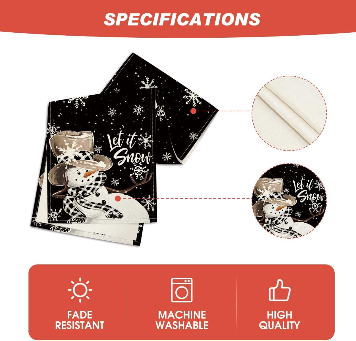 Artoid Mode Black Snowman Snowflake Let it Snow Winter Table Runner, Christmas Kitchen Dining Table Decoration for Home Party Decor 13x36 Inch