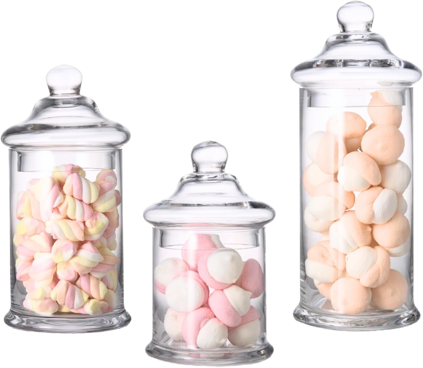 Set of 3 Apothecary Jars Glass, Apothecary Jars with Lids Bathroom, Clear Candy Jar Set, Decorative Jar for Party, Wedding and Home Decor (Height: 11", 8.5", 7.5"; Diameter: 5")