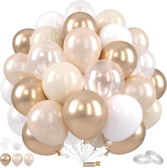 Gold and White Balloons, 12 Inch Gold Balloons, Nude Metallic Champagne Gold Balloons, Pearl White Clear Latex Balloons for Wedding Engagement Anniversary Men Women Birthday Party Decorations