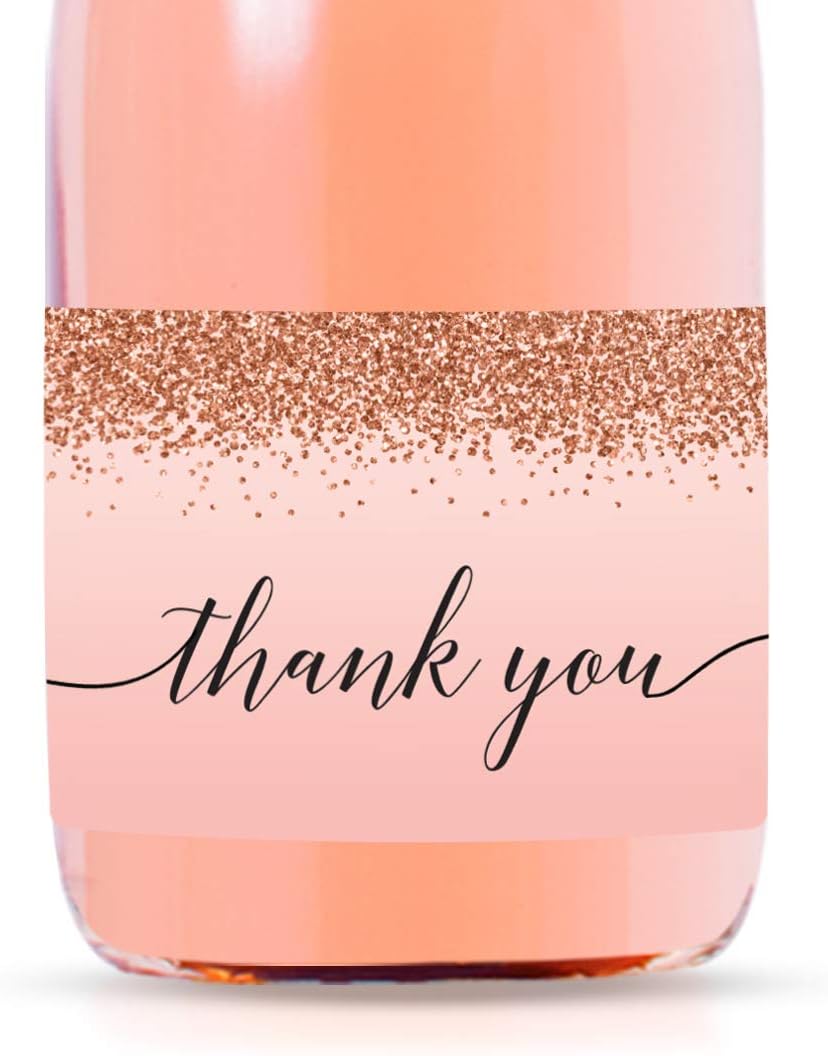 Andaz Press Mini Champagne Wine Bottle Labels, Thank You, Blush Pink Faux Rose Gold Glitter Elegant, 20-Pack, Party Favor Gift Label Stickers Baby Shower Bridal Shower