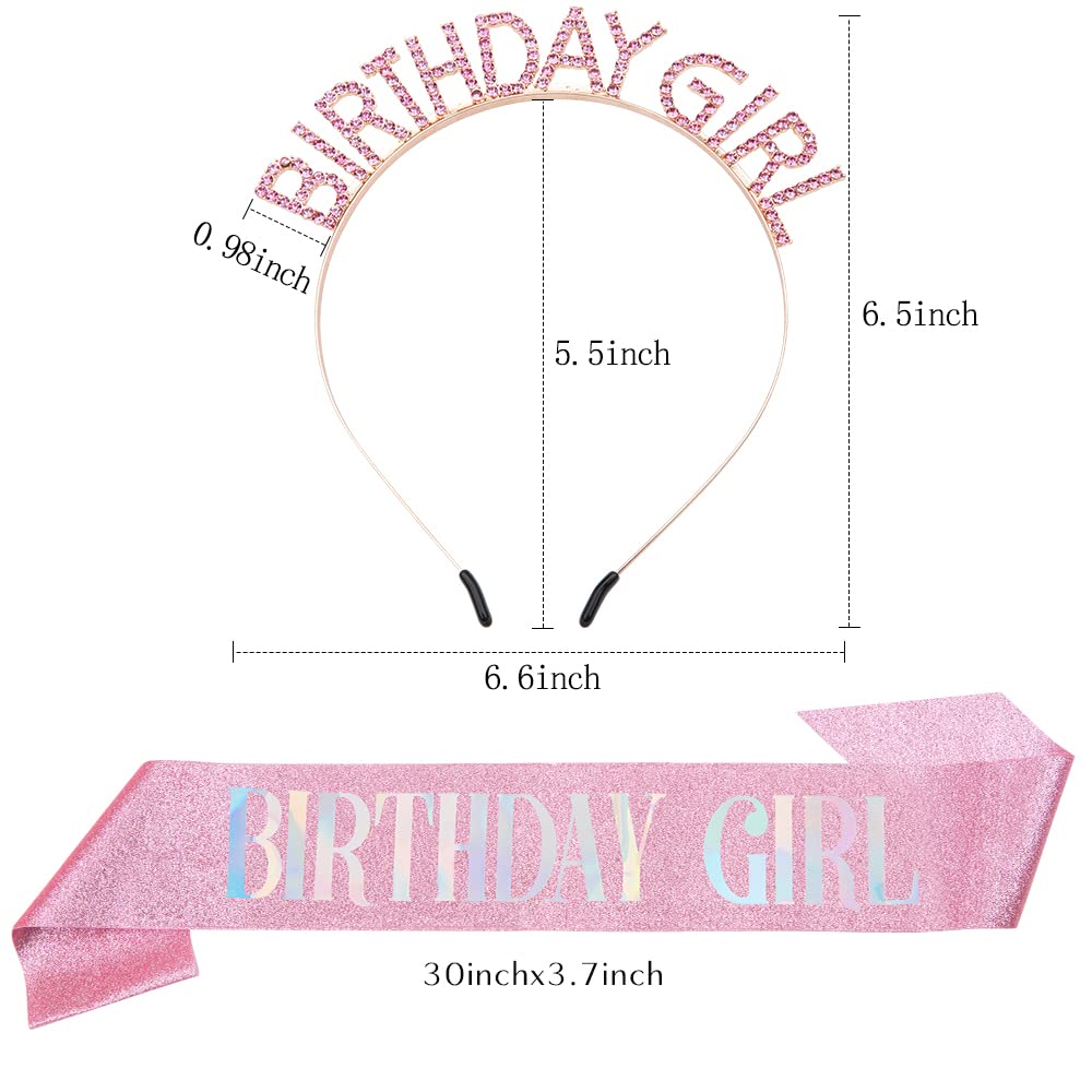 PQRUU Glitter Birthday Sash, Tiara and Rhinestone Headband Set - Pink Birthday Accessories for Her