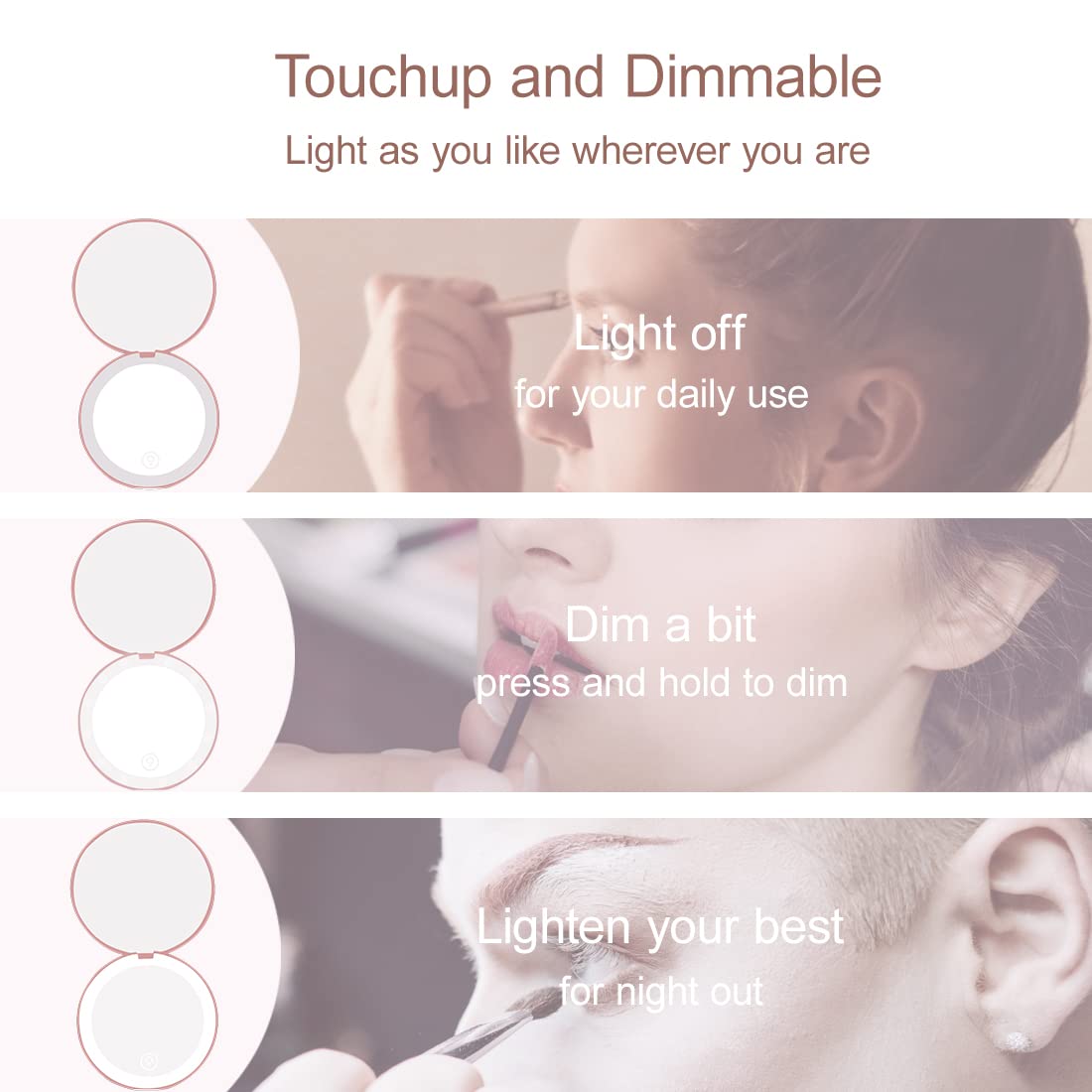 Compact Mirror with LED Light,1x/10x Magnifying Rechargeable Mirror,3.5in, Dimmable Travel Mirror for Purse,Pocket,Handheld 2-Sided Makeup Mirror