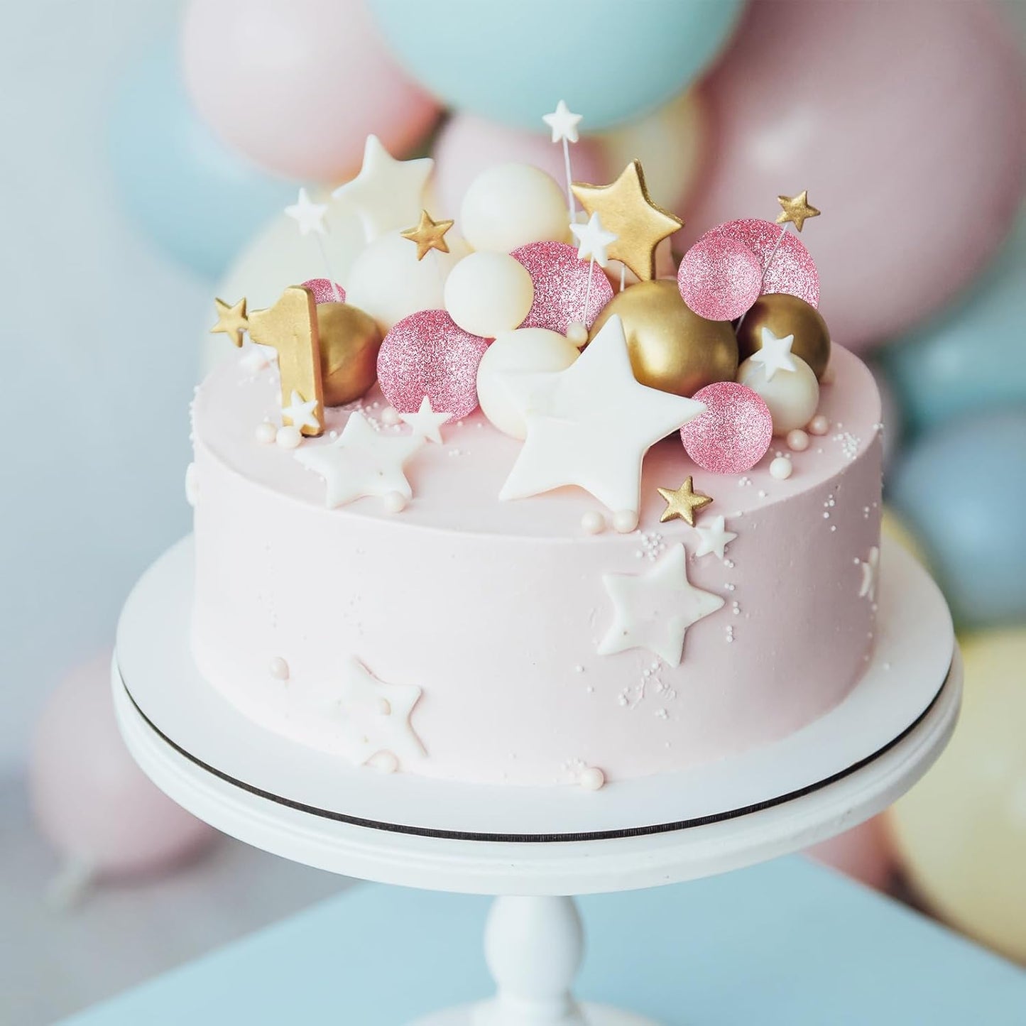 ASTARON 20 Pcs Mini Balloons Cake Topper Sticks Pink Glitter Balls Cake Picks for Wedding & Birthday