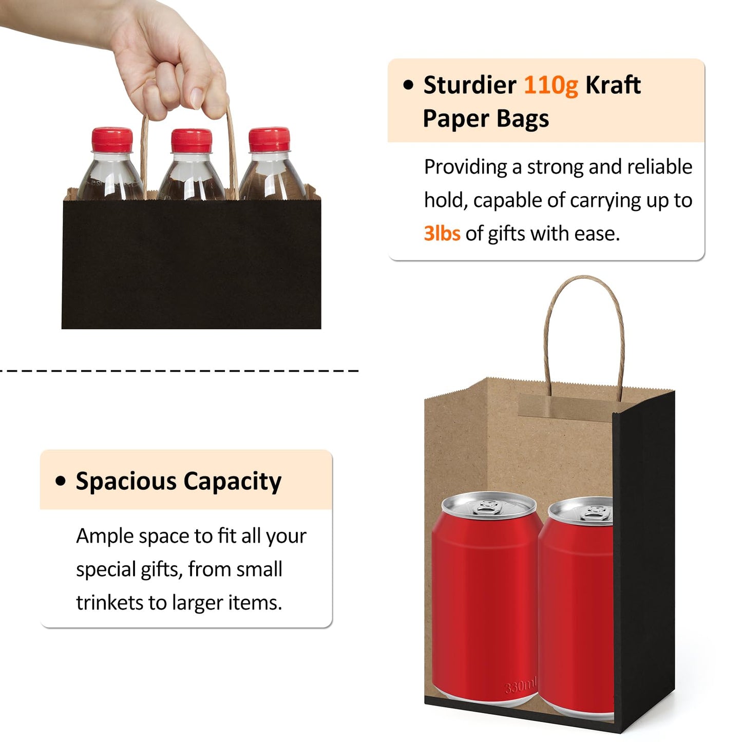 BagDream Gift Bags with Handles 5.25x3x8 Inch Small Black 25 Pack