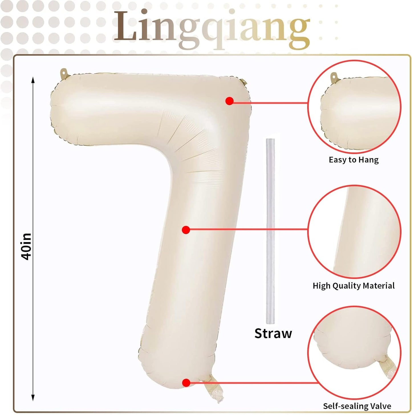 40'' Beige Number 7 Balloons, Giant Self Inflating Cream Foil Number Balloons Set 0-9, Large White Sand Digital 7 Helium Balloon for Girls Boys 7th Birthday Party Decorations Anniversary Supplies