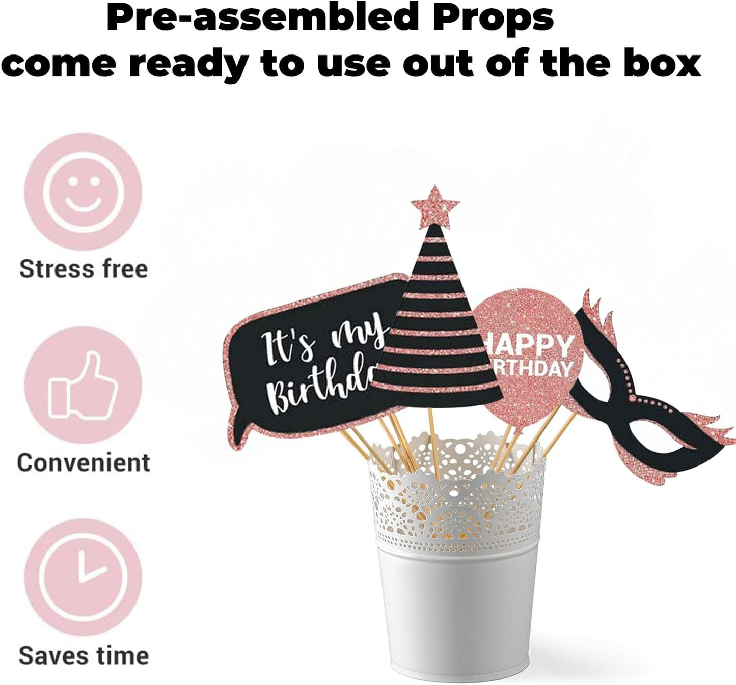 Party Birthday Photo Booth Props, 30Pcs Set of Happy Birthday Selfie Party Supplies with Real Glitter Cute Bday Designs for Women or Girls,Easy to Assemble(Rose Gold)