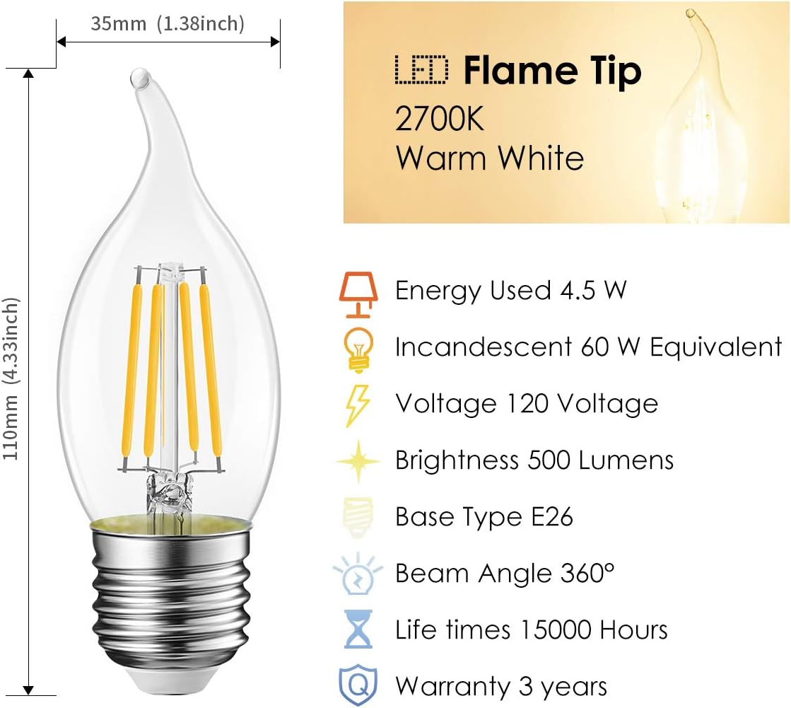 LVWIT Flame Tip LED Filament Bulb Candelabra E26 Base Dimmable 4.5W (60W Equivalent) B11 Chandelier Candle Light Bulb，2700K Warm White 12-Pack
